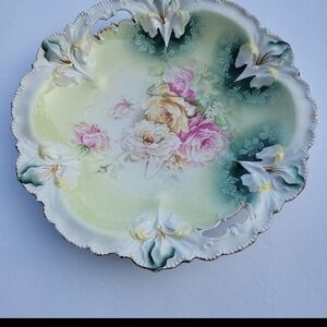 R.S. Prussia Floral Plate with Pink and Green Accents Scalloped Hand Painted